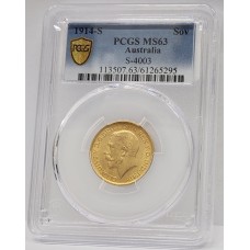 AUSTRALIA 1914 . ONE 1 SOVEREIGN . SYDNEY . GOLD. PCGS MS63